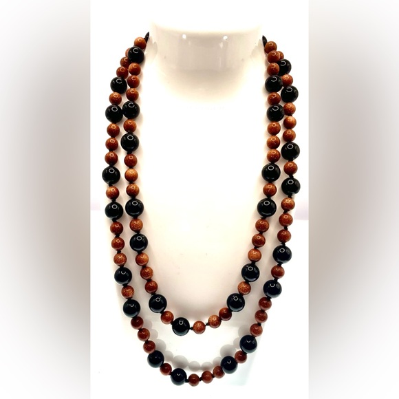 Beautiful Long Strand Fine Genuine Knotted Goldstone Black Onyx Beaded Necklace - Picture 5 of 7